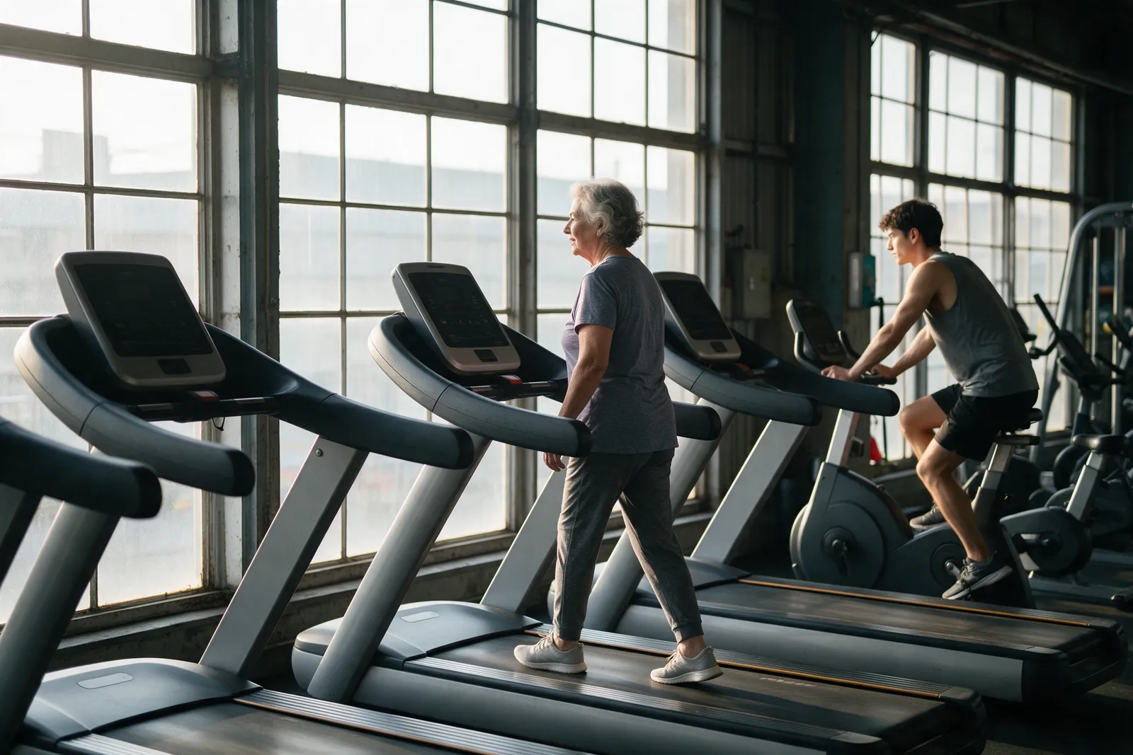 A row of treadmills and bikes by large factory windows in an industrial gym, an older woman walking on one and a young man cycling