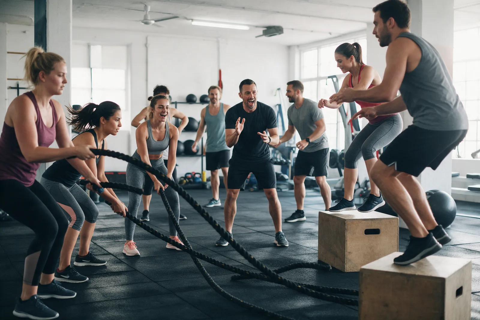 A small group fitness class of eight people doing a circuit with battle ropes and box jumps in a bright gym studio, a coach encouraging them