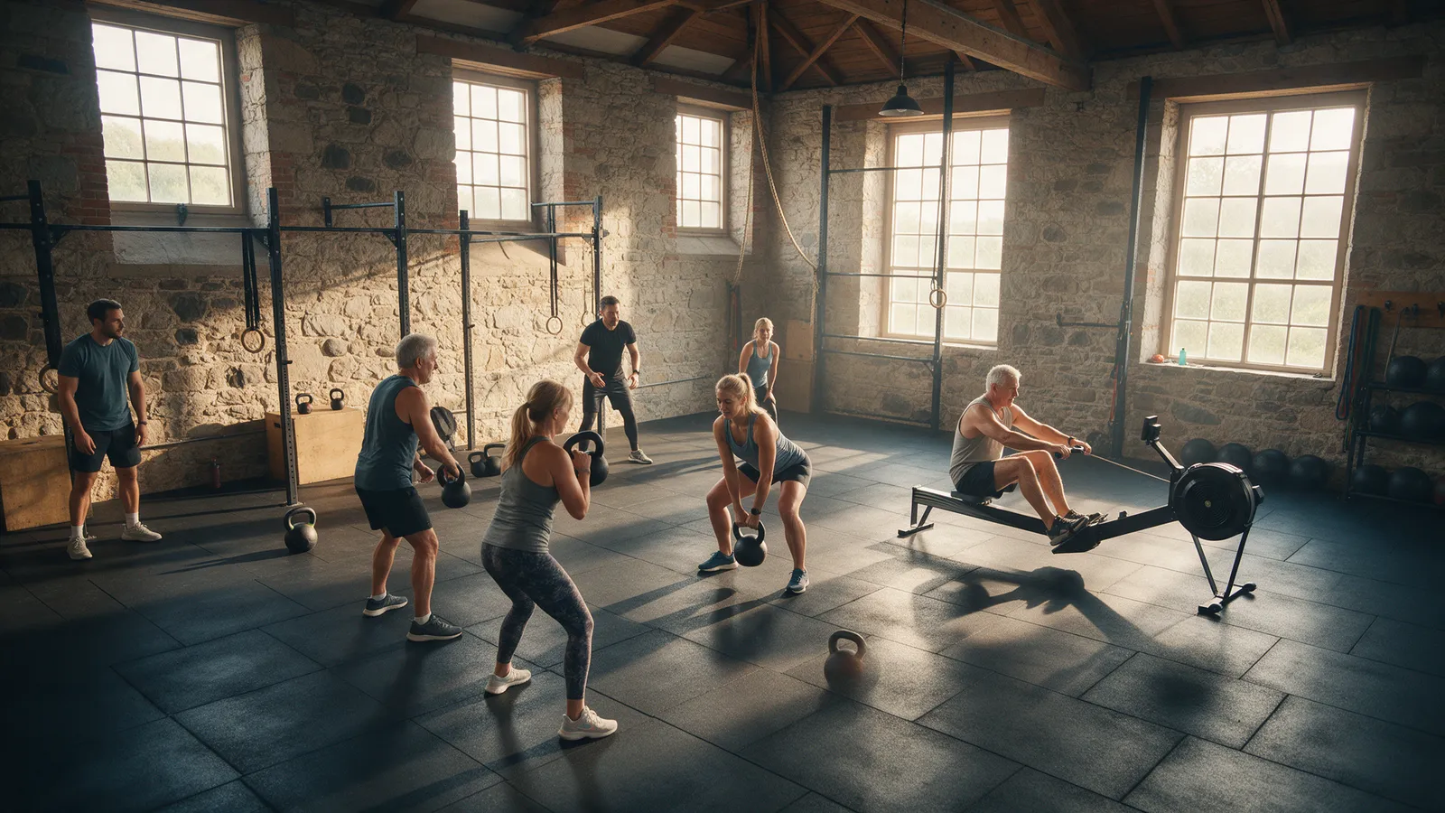 A bright industrial-style gym floor in a converted stone warehouse with high windows, people of mixed ages training with kettlebells and a rowing machine, a personal trainer coaching