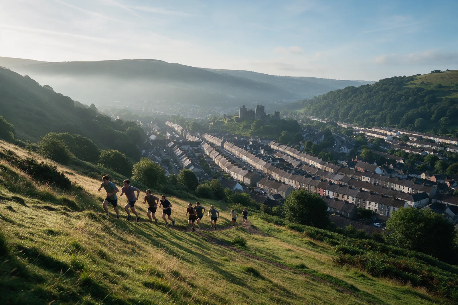 A small group running up a grassy hillside path above a Welsh valley town with terraced streets below
