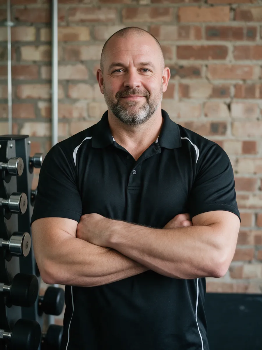 Gav Price, a stocky man in his mid-forties with a shaved head and a greying beard in a black gym polo shirt, arms folded by a dumbbell rack