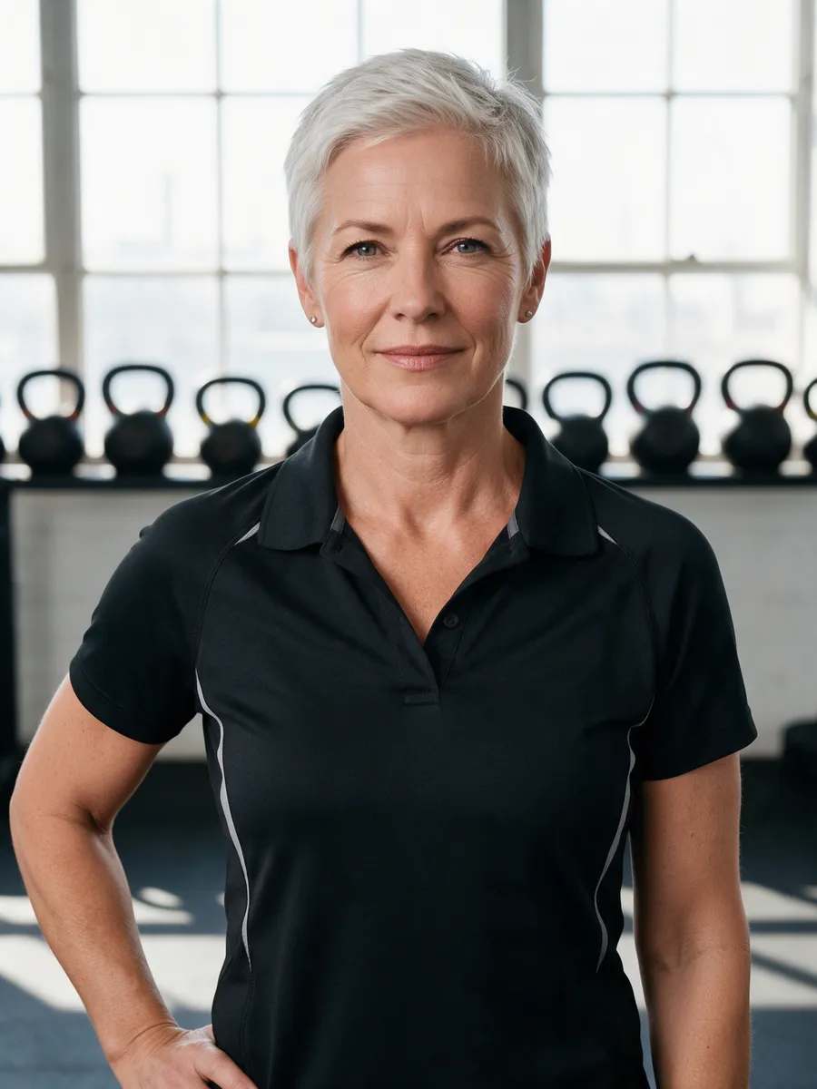 Jan Rowlands, a woman in her late fifties with short silver hair in a black gym polo shirt, standing in a bright studio with a row of kettlebells