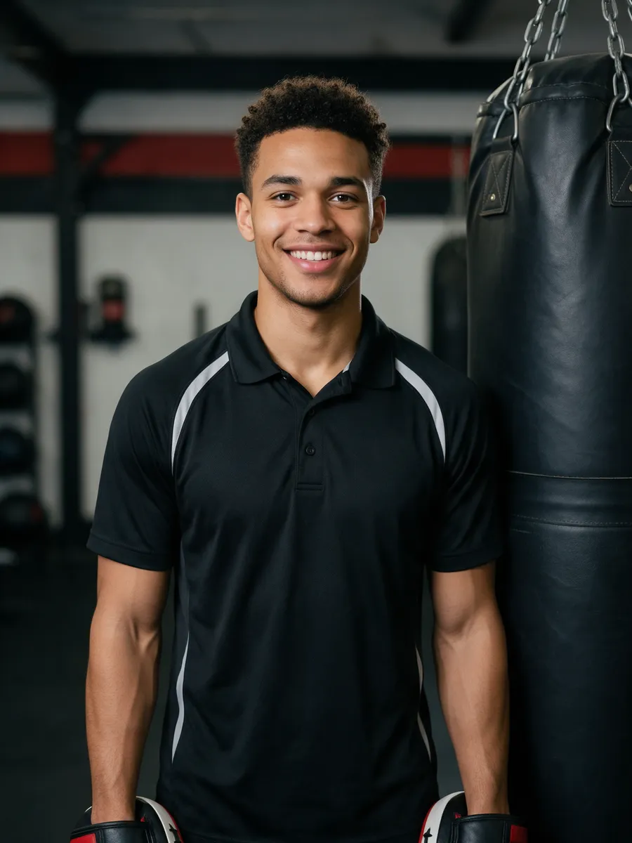 Kai Morgan, a young mixed-heritage man in his mid-twenties with short curly hair in a black gym polo shirt, holding boxing pads by a heavy bag