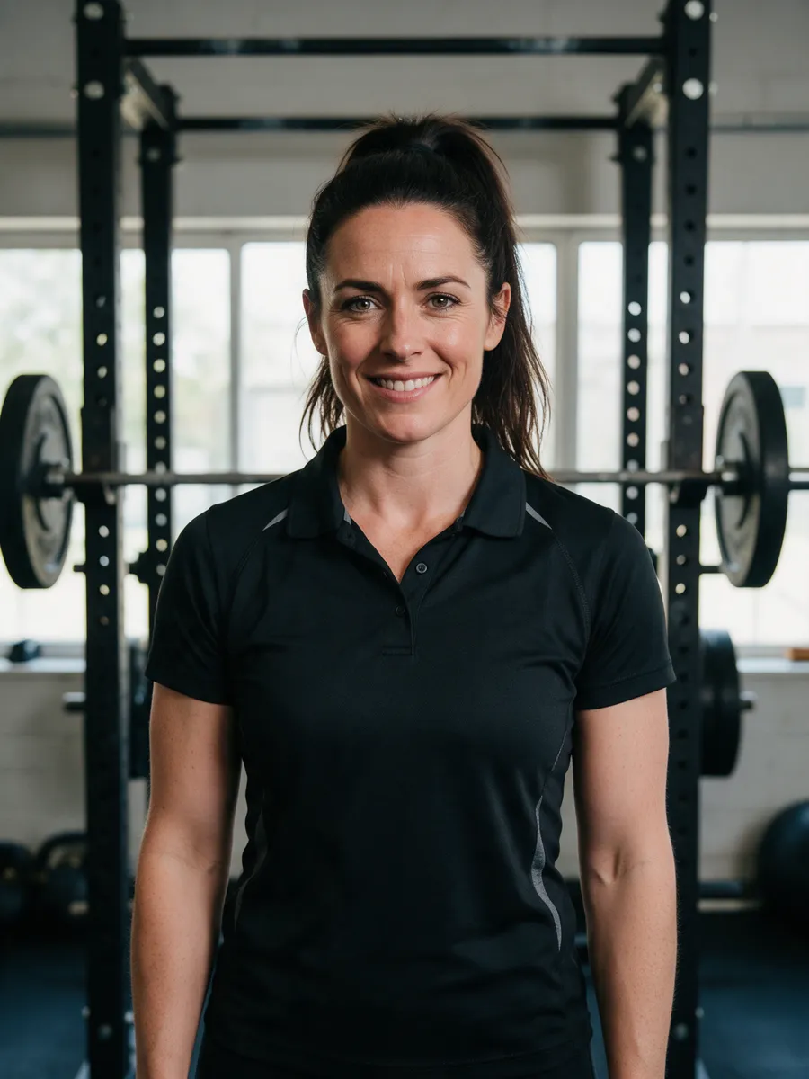 Lowri Thomas, a Welsh woman in her early thirties with dark hair in a high ponytail, in a black gym polo shirt, standing in front of a squat rack