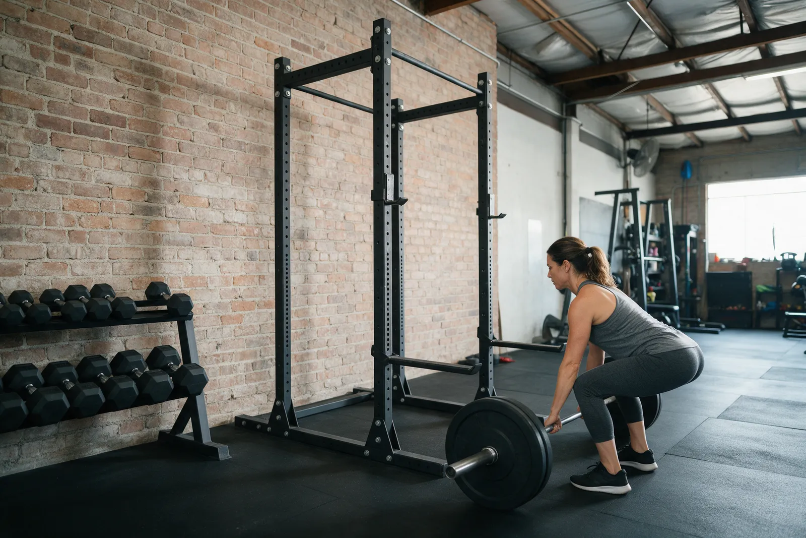 A free-weights area in an industrial gym with a squat rack, loaded barbell and dumbbell rack against an exposed brick wall, a woman in her thirties setting up a squat