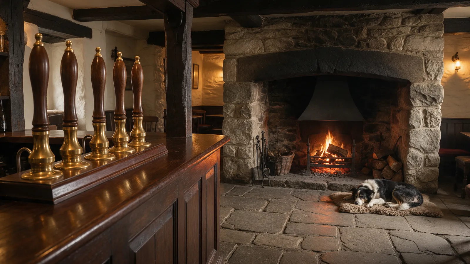 The bar of an old stone pub: four brass-and-wood handpulls on a dark wood bar, a log fire burning in a stone inglenook, flagstone floor, a dog asleep on a rug