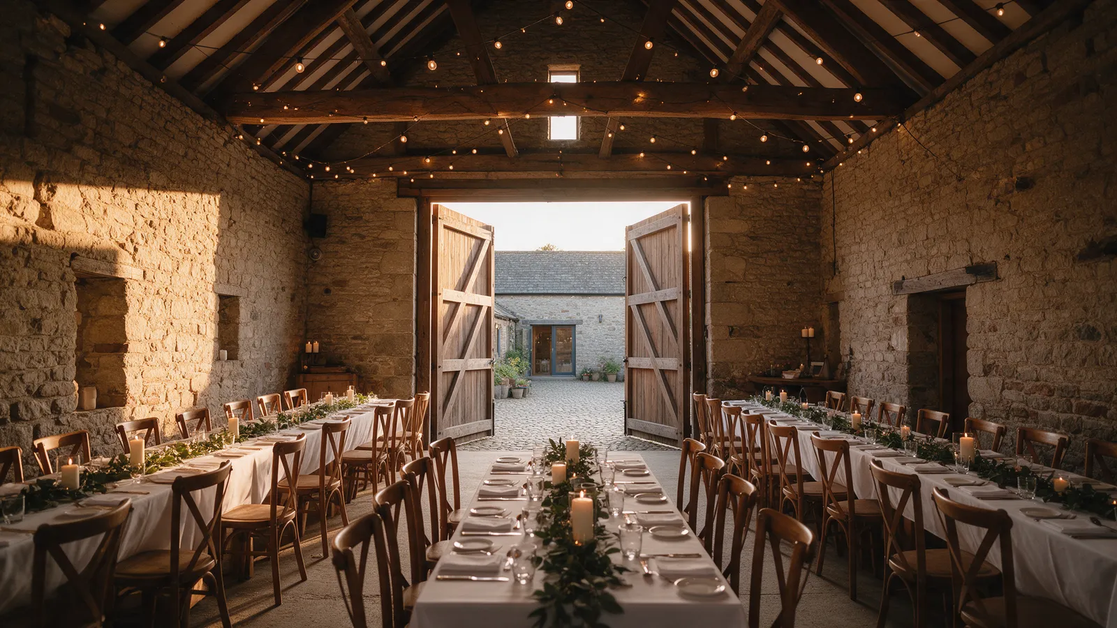 The inside of a restored stone barn set for a wedding breakfast: long wooden tables with white cloths, foliage and candles, festoon lights strung from oak beams, open doors onto a yard