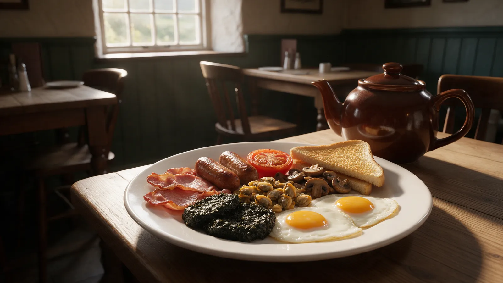 A full Welsh breakfast on a white plate on a wooden table by a window in a pub dining room, a pot of tea beside it