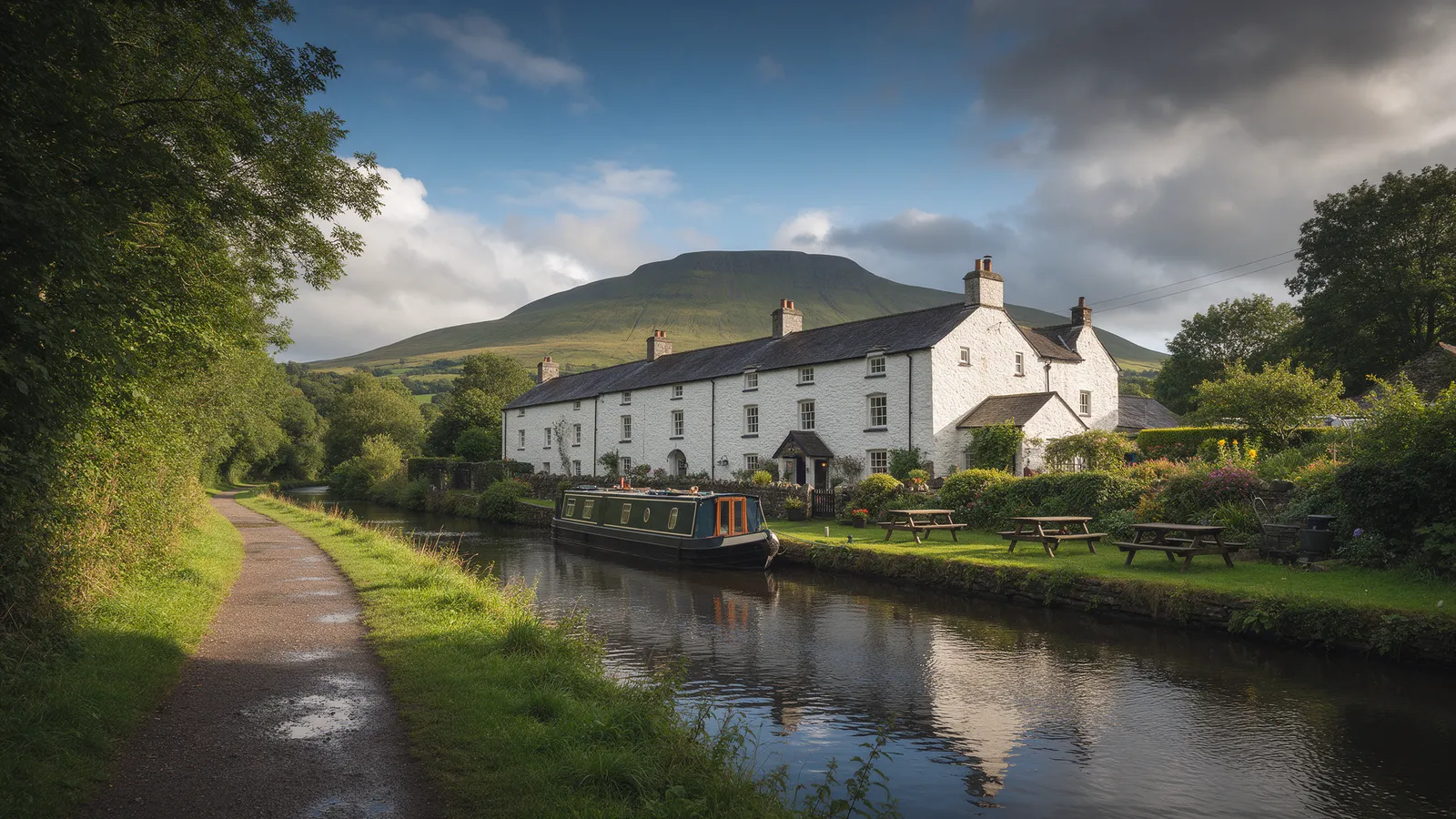The Monmouthshire and Brecon canal towpath beside a whitewashed stone inn, a narrowboat moored below the garden, Table Mountain behind under a clearing sky