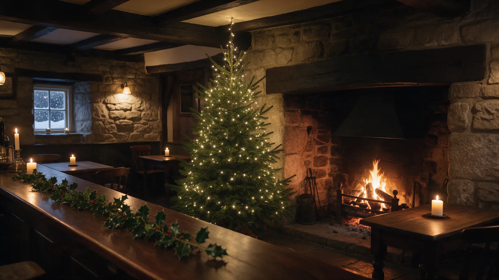 The bar of an old stone pub at Christmas: a tall tree with warm lights beside a roaring inglenook fire, holly along the dark wood bar, candles on tables, snow at the window