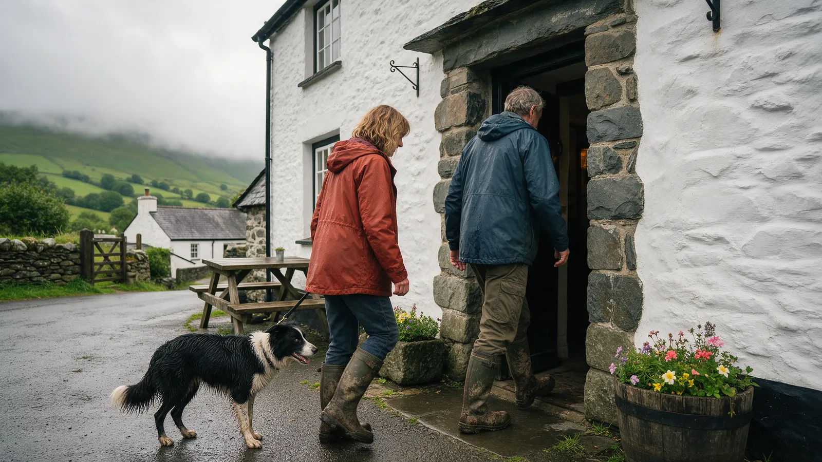 Two walkers in muddy boots and waterproofs with a wet collie on a lead arriving at the stone doorway of a country inn, hills and low cloud behind