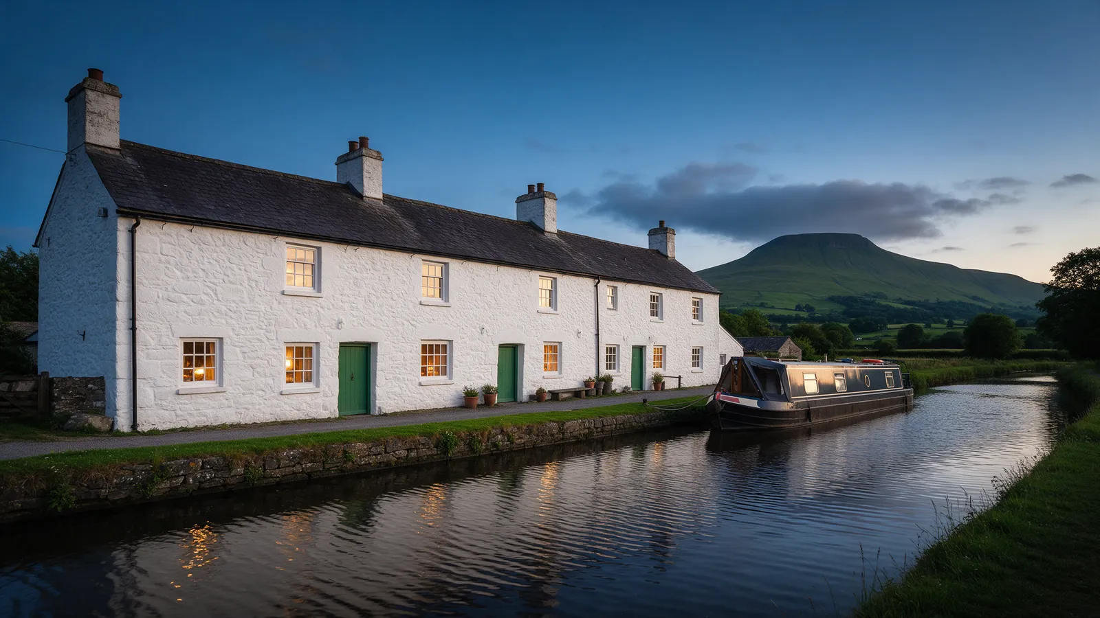 A long whitewashed stone coaching inn with green doors beside a canal at dusk, warm light in the windows, a flat-topped mountain behind