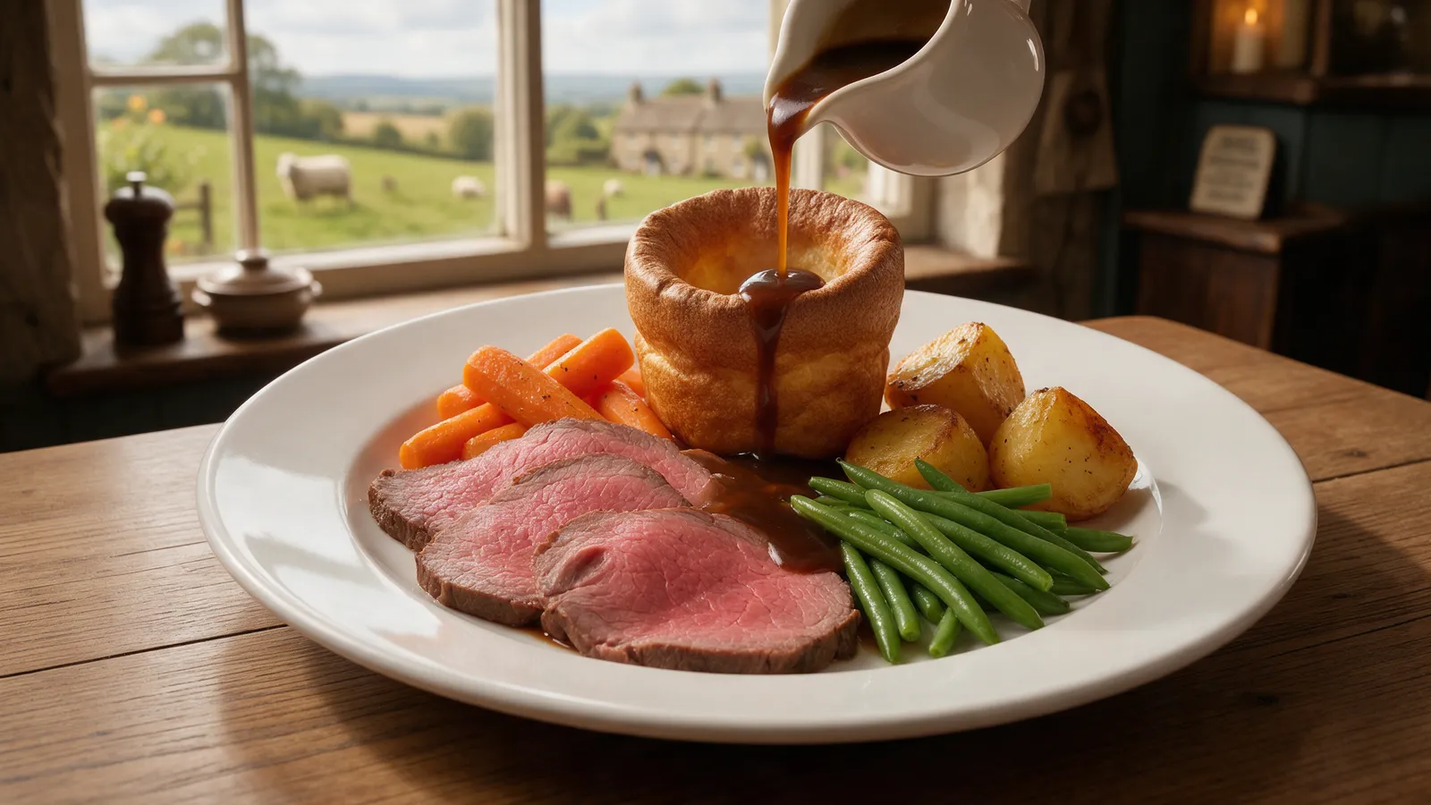 A Sunday roast on a plate: slices of pink roast beef, a tall Yorkshire pudding, roast potatoes, carrots, greens and gravy being poured, on a wooden table in a pub dining room