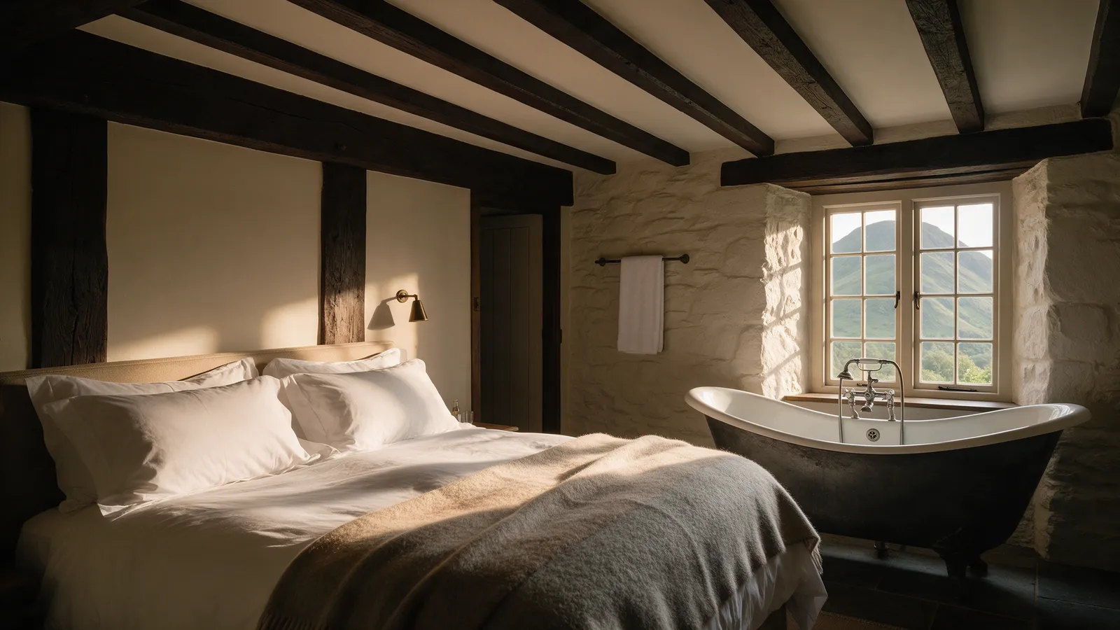 A bedroom in an old stone inn: a king bed under oak beams, a cast-iron bath by the window with a view of a green mountain, white linen and a wool blanket