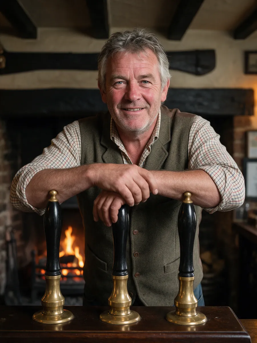 Huw Pritchard, a Welsh man in his mid-fifties with grey hair and a weathered face, in a checked shirt and a wool waistcoat, leaning on the handpulls of a pub bar with a log fire behind him