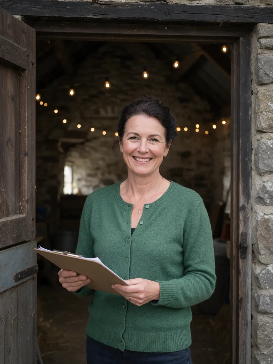 Nia Pritchard, a Welsh woman in her early fifties with dark hair pinned up, in a green cardigan, standing in the doorway of a stone barn with festoon lights behind her, holding a clipboard, smiling