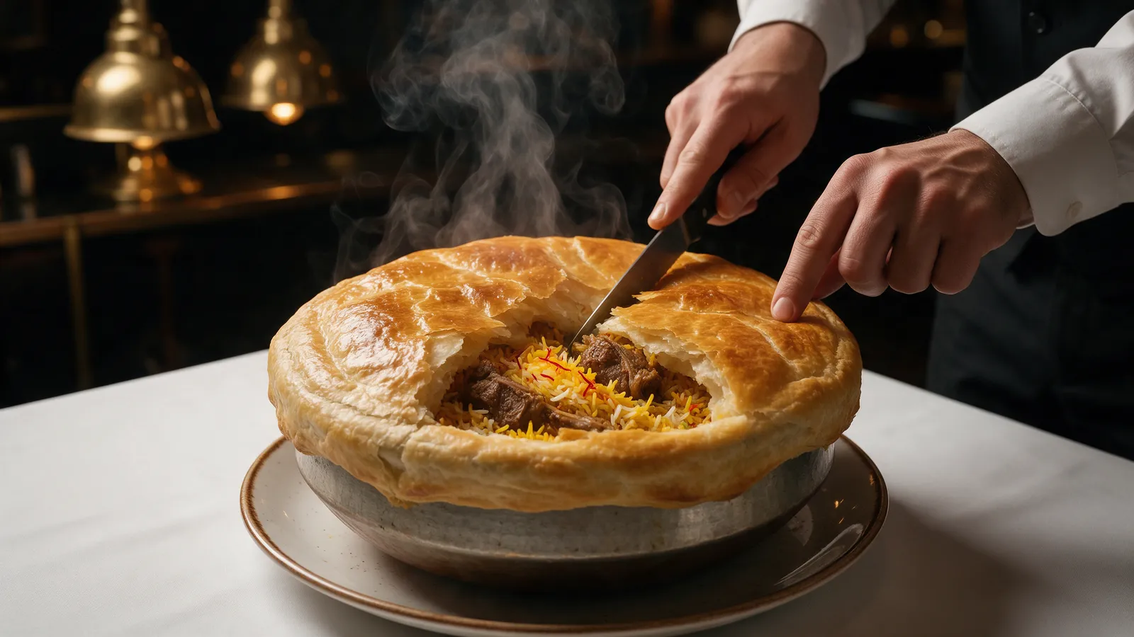 A sealed dum biryani pot having its pastry lid cut open at the table, steam rising, saffron rice and lamb visible, a waiter's hands with a knife