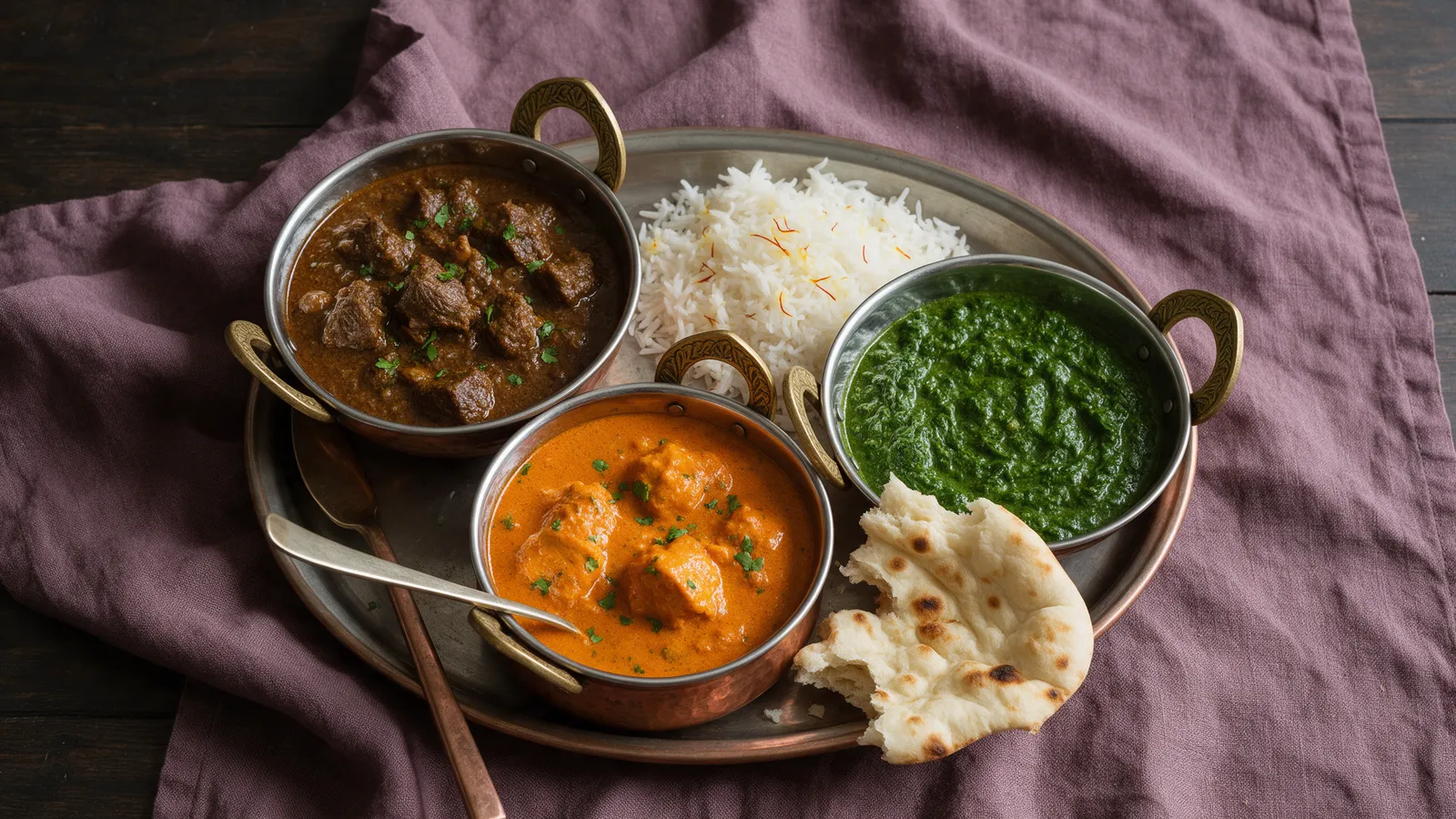 An overhead view of Indian curries in copper karahi dishes on a dark wood table: a dark lamb curry, butter chicken, a spinach dish, saffron rice and a torn naan