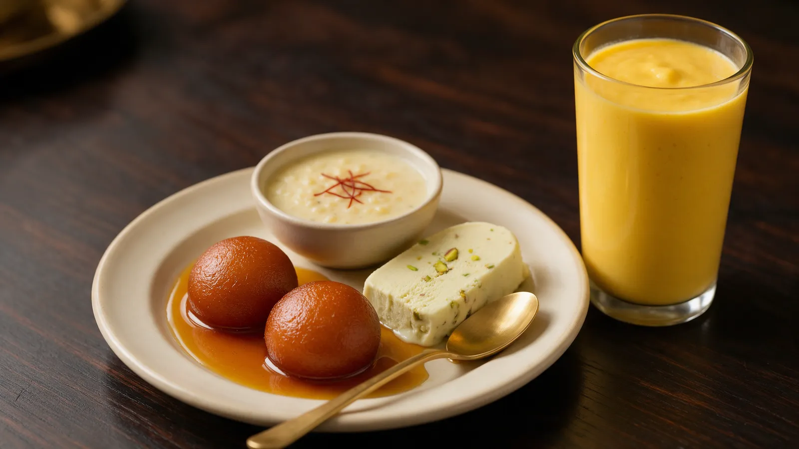 Indian desserts on a cream plate on a dark wood table: two gulab jamun in syrup, a slice of pistachio kulfi, a small bowl of cardamom kheer and a tall glass of mango lassi