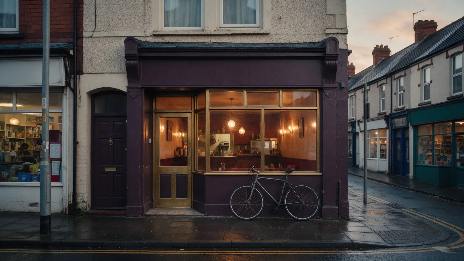 A small Indian restaurant shopfront on a Victorian terraced high street in Roath, Cardiff, at dusk: an aubergine-painted front with a brass-framed window, warm light inside, a bicycle leaning outside