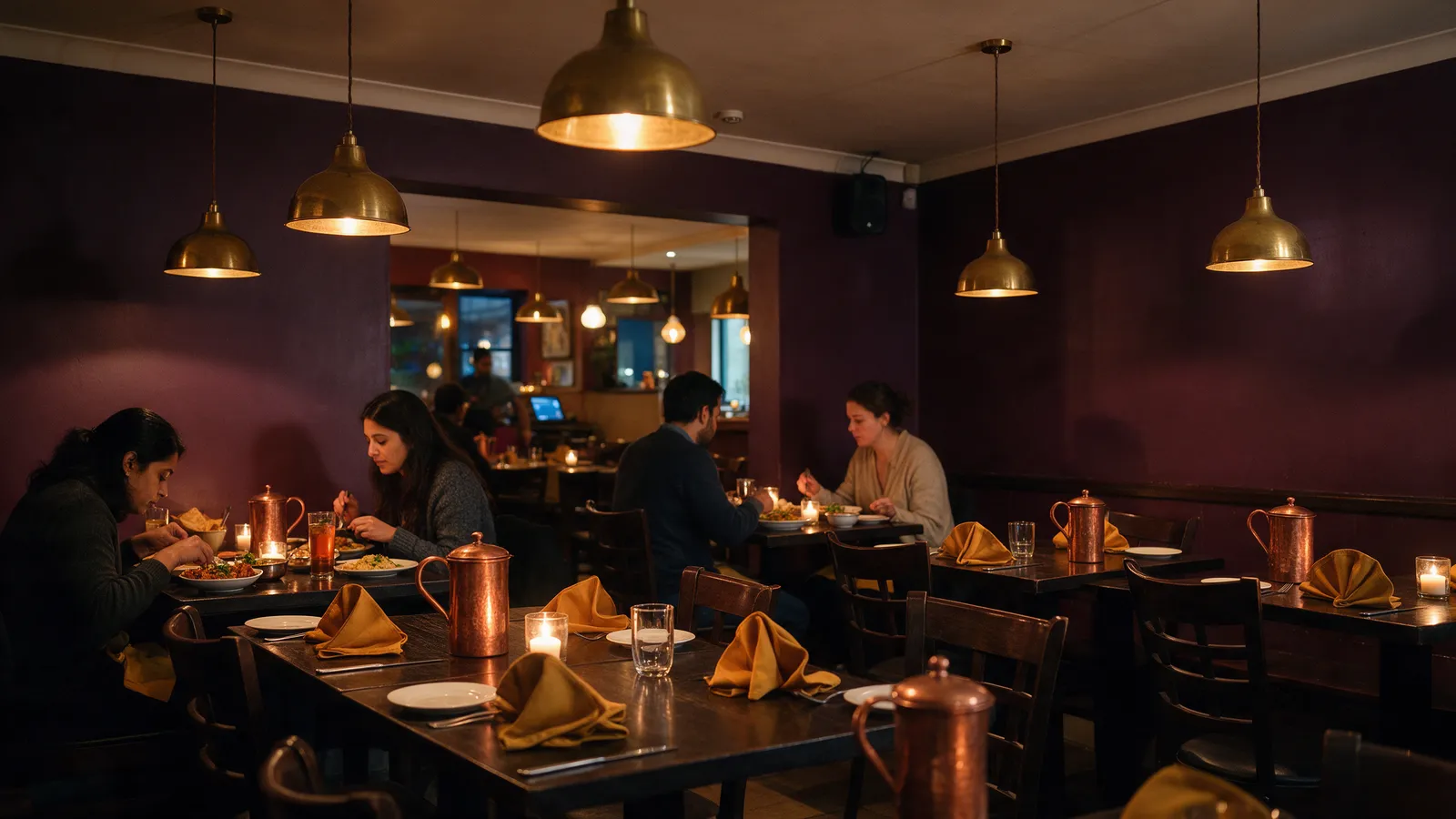 The dining room of a small Indian restaurant in the evening: deep aubergine walls, brass pendant lamps, dark wood tables with copper jugs and saffron napkins