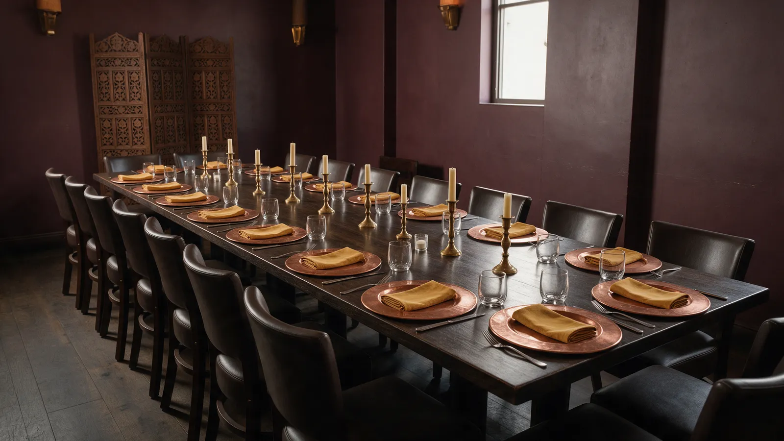 A private dining room in an Indian restaurant set for twenty: one long dark wood table with copper chargers, saffron napkins and brass candlesticks, deep aubergine walls and a carved wooden screen