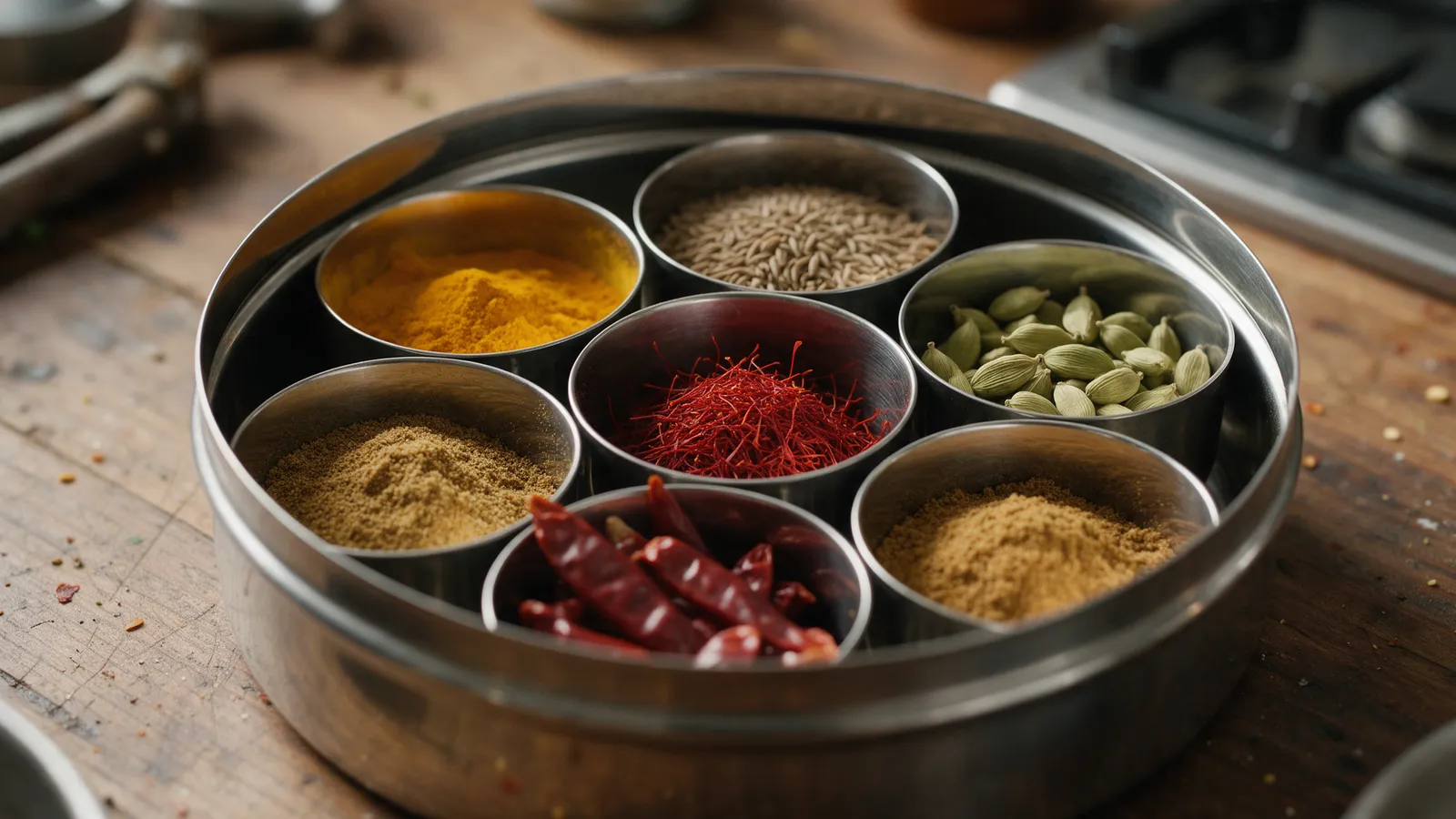 A chef's round steel spice box on a worn wooden counter: seven small bowls of turmeric, cumin, cardamom, dried chillies and garam masala with saffron threads in the centre