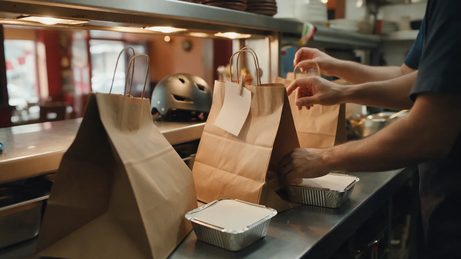 Brown paper takeaway bags and foil containers being packed on a steel counter at the pass of an Indian restaurant kitchen, a delivery rider's helmet in the background