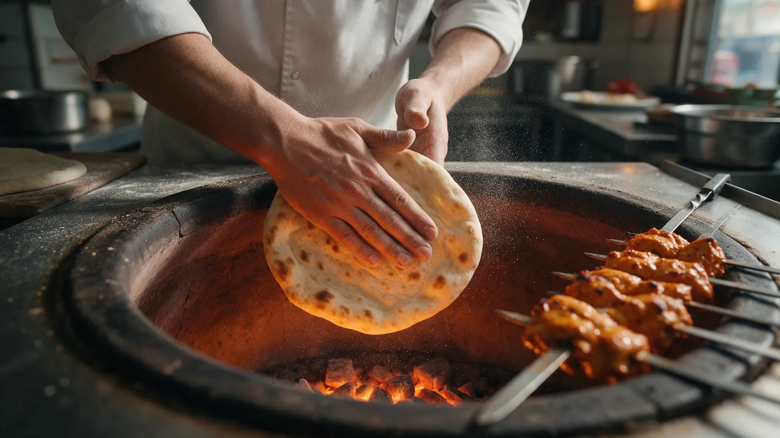 A chef's hands slapping naan dough against the inside wall of a glowing clay tandoor oven, embers below, skewers of marinated chicken resting at the side