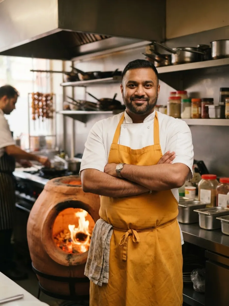 Kiran Mehta, a British Asian man in his late thirties with a trimmed beard, in chef's whites and a saffron apron, arms folded in front of a glowing clay tandoor
