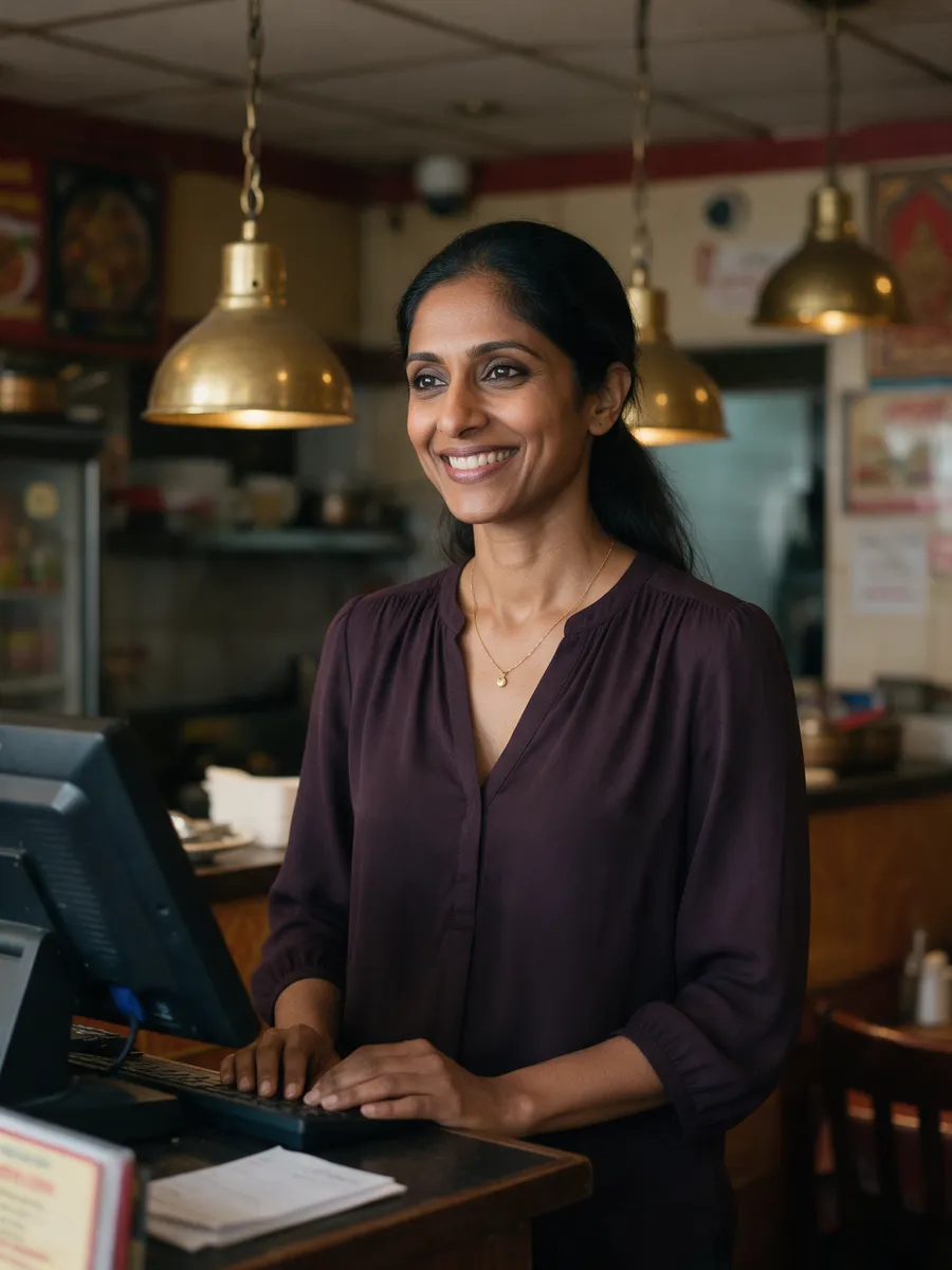 Anjali Mehta, a British Asian woman in her early forties with long dark hair tied back, in a dark aubergine blouse, smiling at the host desk of the restaurant with brass lamps behind her