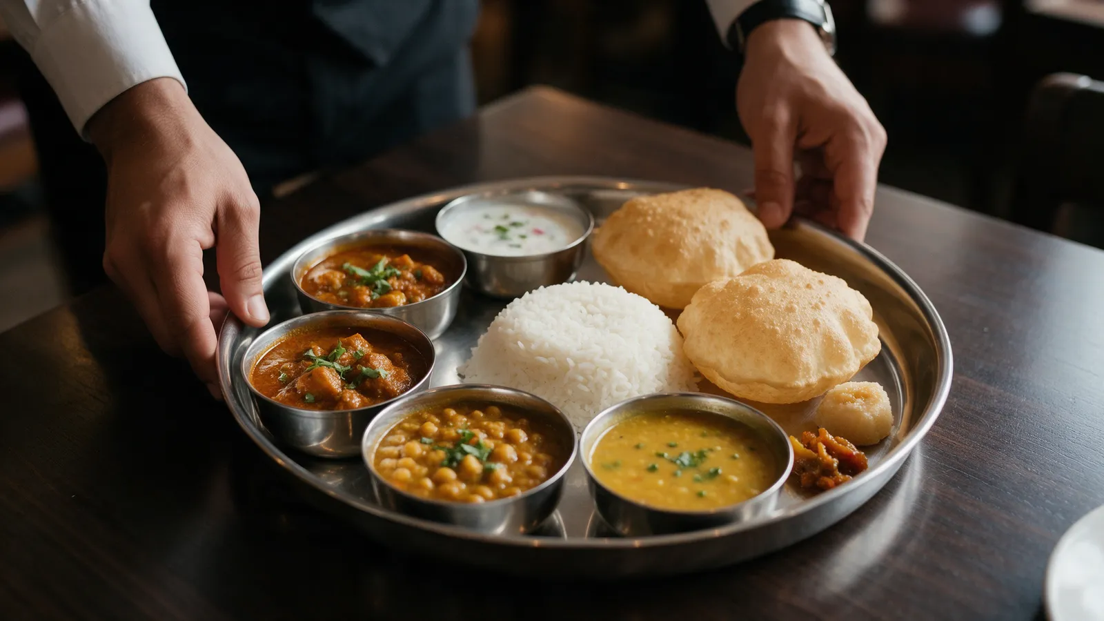 A Sunday thali on a round steel platter being set down on a dark wood table: six small steel bowls of curry and dal, rice, two puffed puris, raita, pickle and a sweet