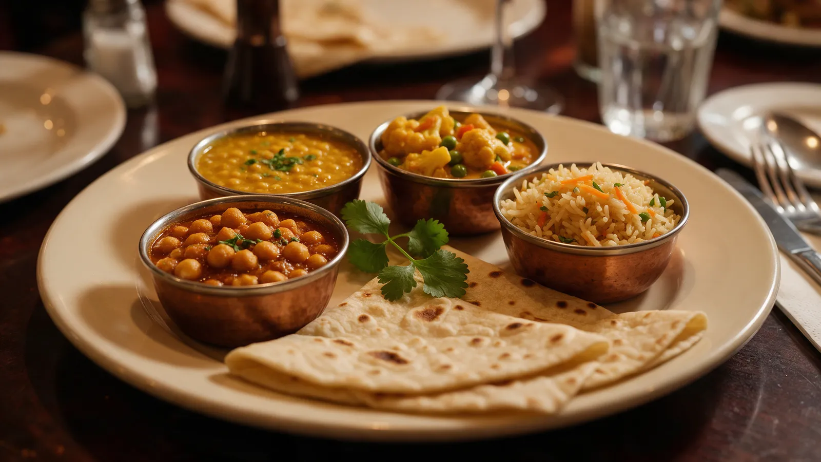 A vegan Indian meal close up: chana masala, tarka dal, a cauliflower and pea curry, a coconut korma, pilau rice and chapatis in small copper bowls on a cream plate