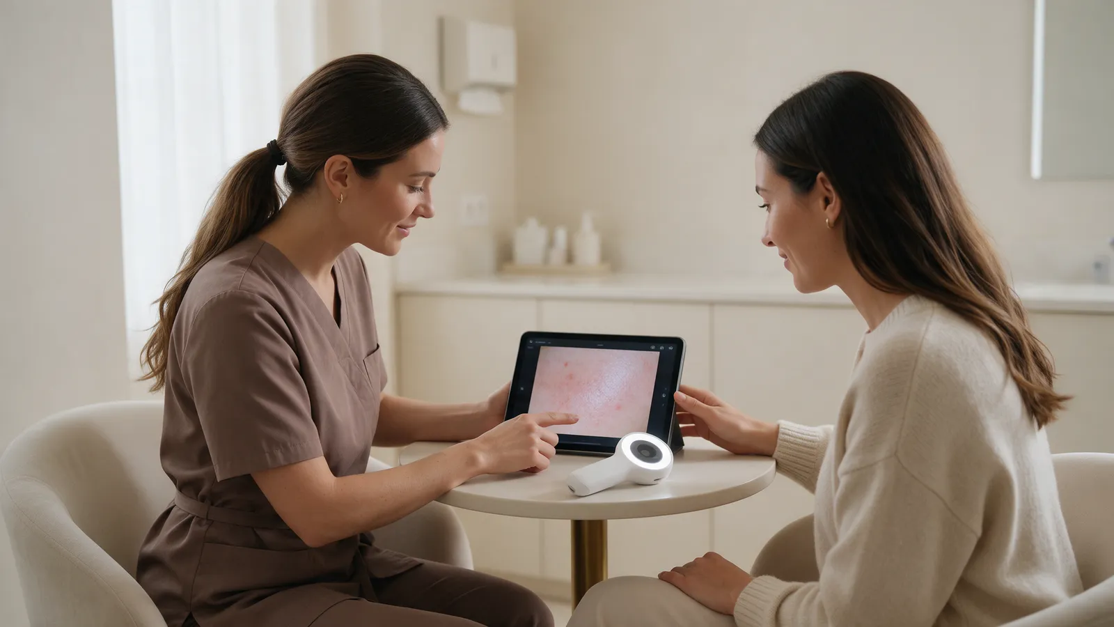 A skin therapist and a client sitting together at a small table in a cream room, looking at a tablet beside a skin scanning device