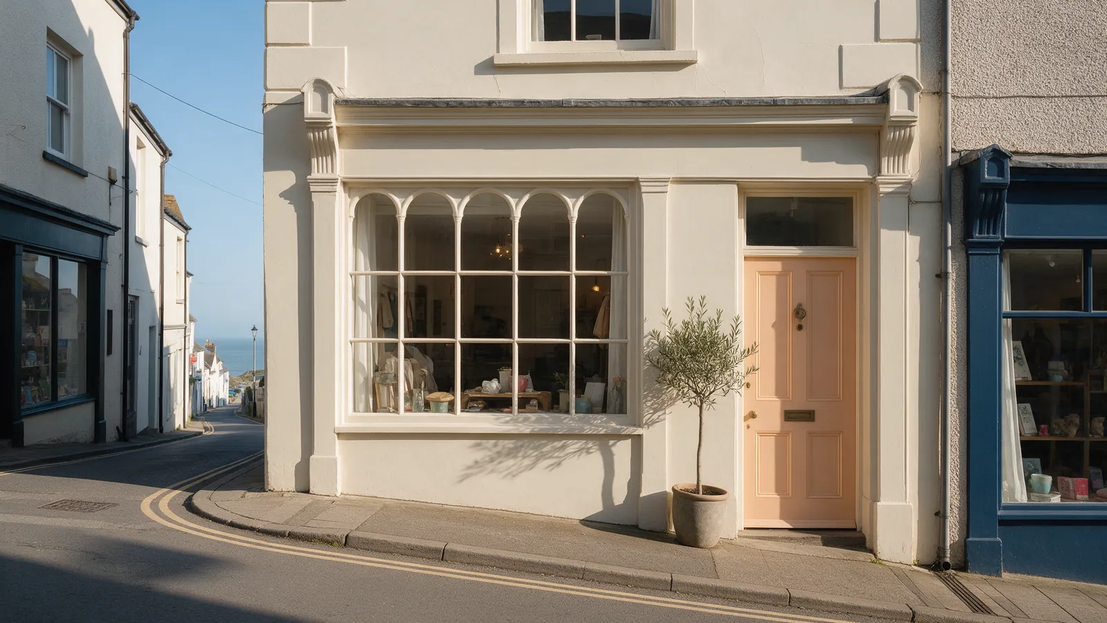 A cream-painted shopfront with a peach door and a large window on a sloping street in Mumbles