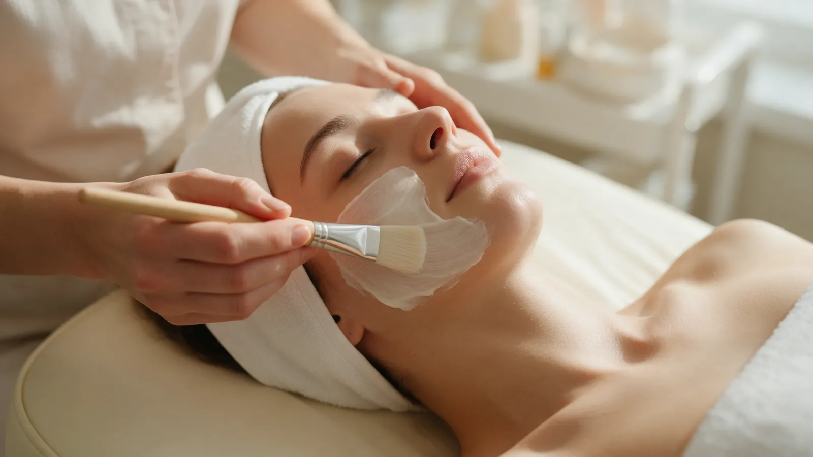 A skin therapist's hands smoothing a cream mask onto a relaxed woman's cheek with a soft brush, in a cream treatment room
