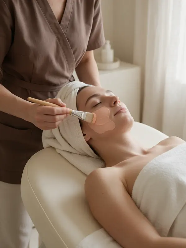 A skin therapist brushing a peach-coloured mask onto the cheek of a relaxed woman lying on a cream treatment bed
