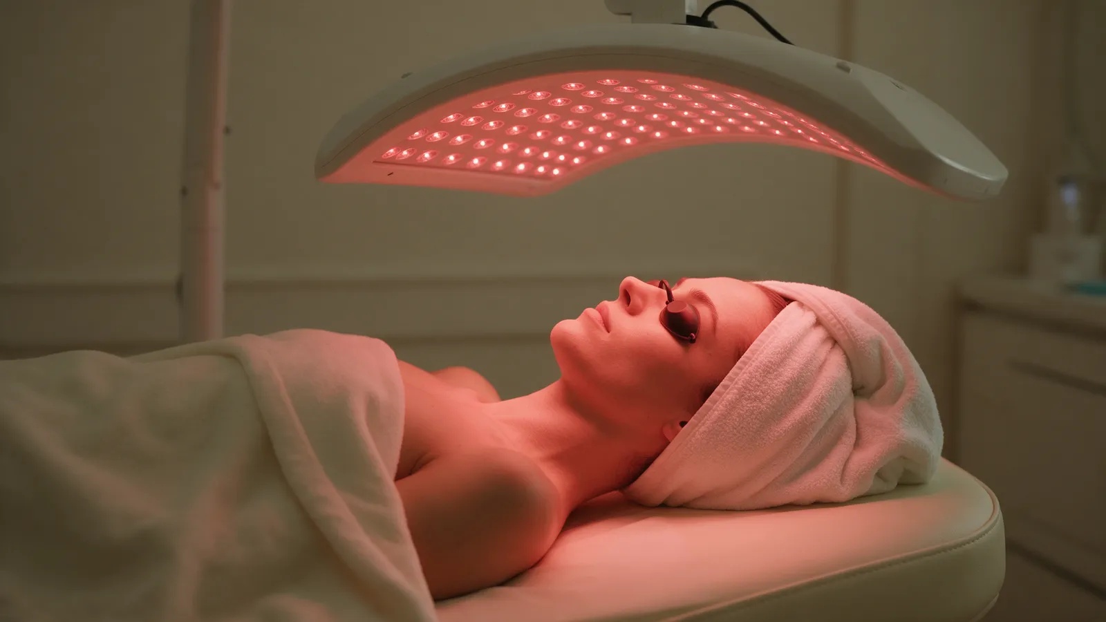A woman lying on a treatment bed under a curved LED panel glowing soft red, her eyes covered with protective goggles