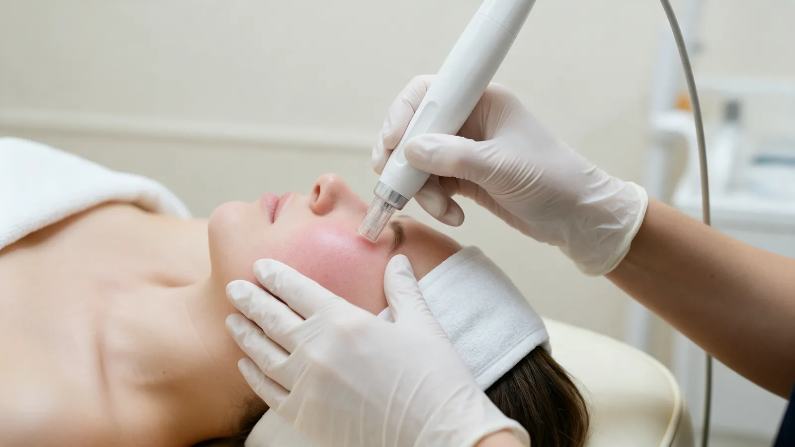 A gloved therapist holding a microneedling pen against a client's cheek, the skin lightly flushed, in a bright clinical treatment room