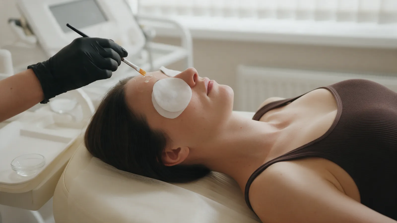 A gloved hand applying a clear peel solution with a fan brush to a woman's forehead, her eyes covered with soft pads