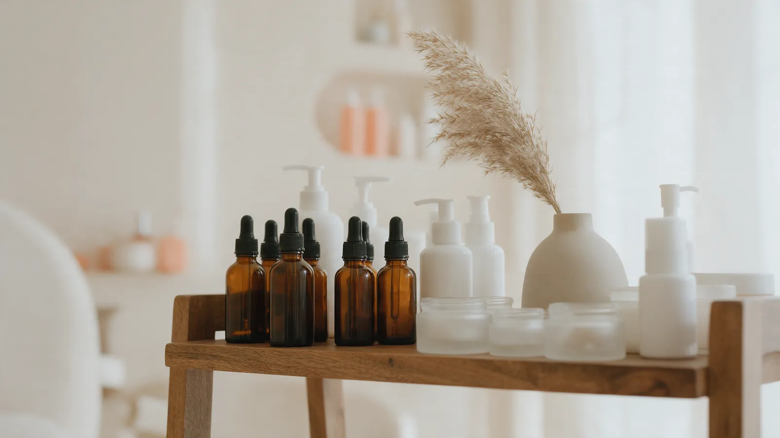 A shelf of unlabelled amber glass bottles and white pump dispensers in a cream treatment room