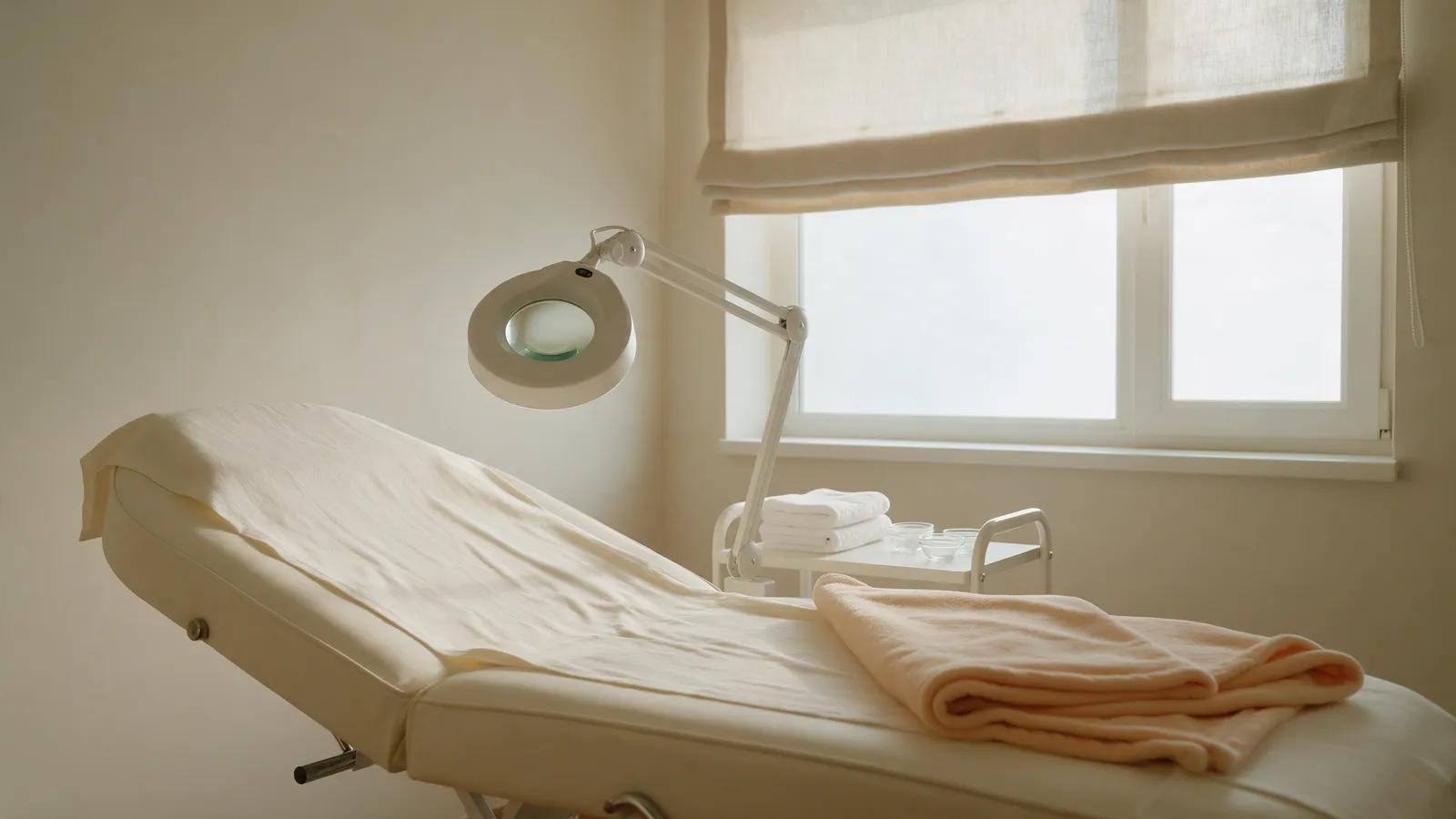 A calm cream treatment room with a padded treatment bed, a magnifier lamp, folded towels and a large window with a linen blind