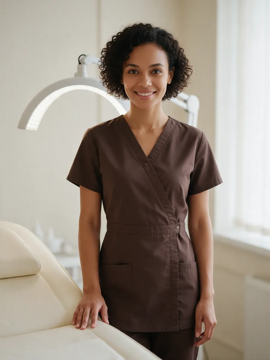 Leah Daniels, a skin therapist in her late twenties with short curly hair, in an espresso-brown tunic, beside a treatment bed with an LED panel