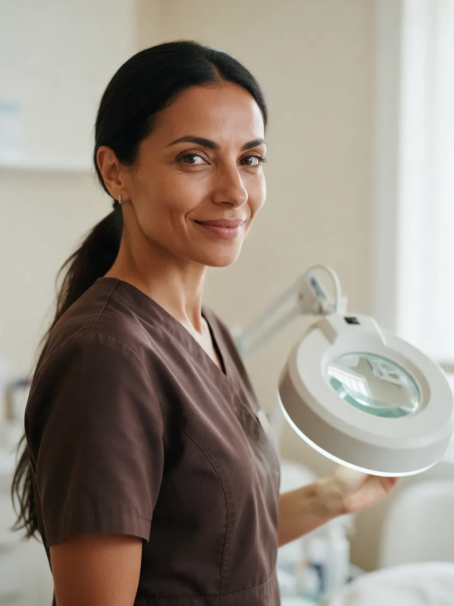 Seren Rowlands, a skin therapist in her early forties with long dark hair tied back, in an espresso-brown tunic, in a cream treatment room