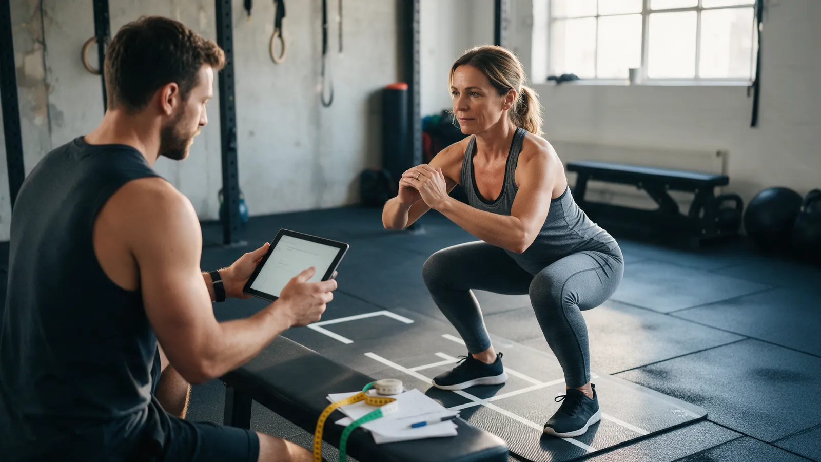 A coach holding a tablet while a client in her forties performs a bodyweight squat on a marked mat in a private studio
