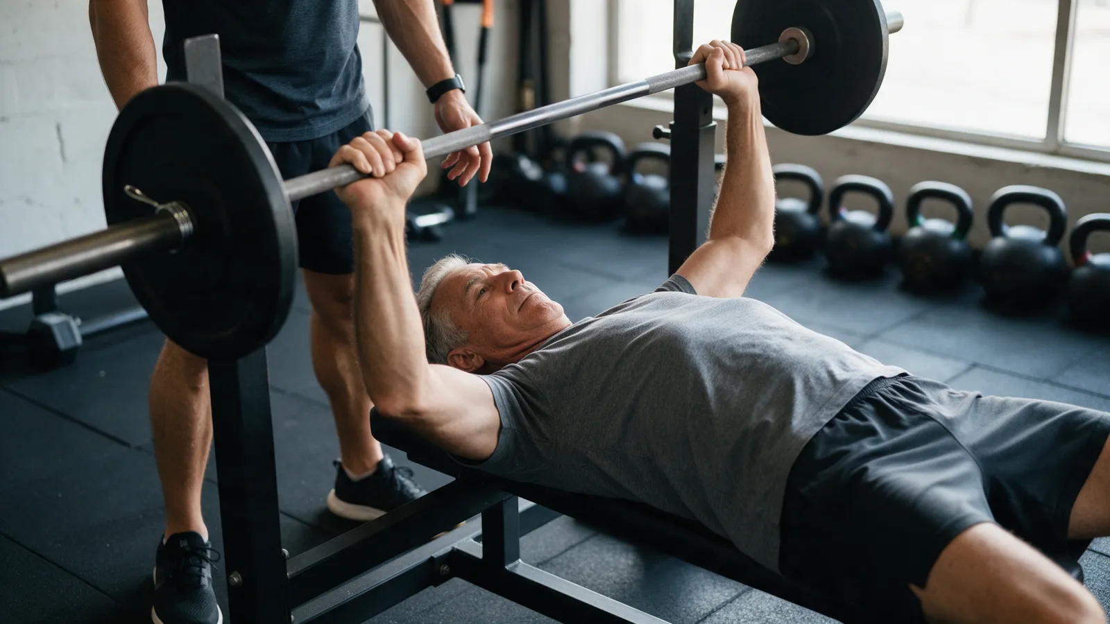 A coach spotting a man in his sixties on a bench press in a small private studio, a light weight, rubber flooring and a wall of kettlebells behind