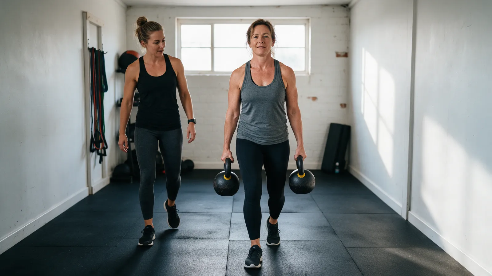 A woman in her forties doing a farmer's carry with two kettlebells along a small studio while a coach walks beside her