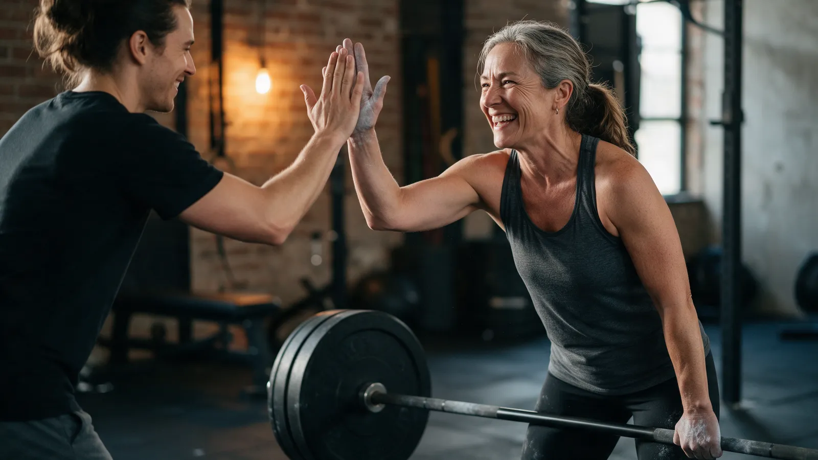 A woman in her fifties with chalk on her hands grinning after a deadlift in a private studio, the coach high-fiving her, the loaded bar on the floor