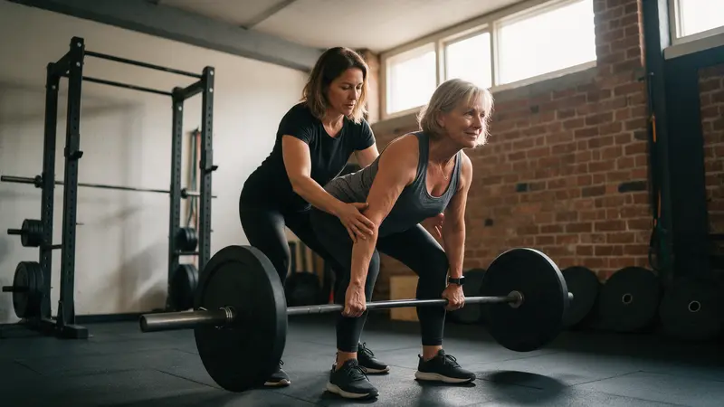 A woman coach in a plain black top coaching a woman in her fifties through a barbell deadlift, hands on the bar, a squat rack and rubber plates behind, exposed brick and warm daylight