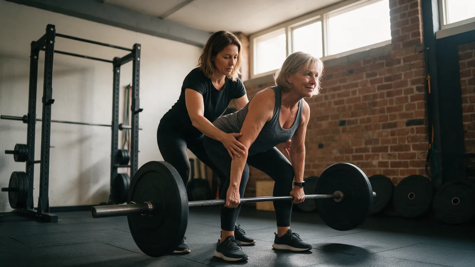 A woman coach in a plain black top coaching a woman in her fifties through a barbell deadlift in a small brick-walled studio with a squat rack behind